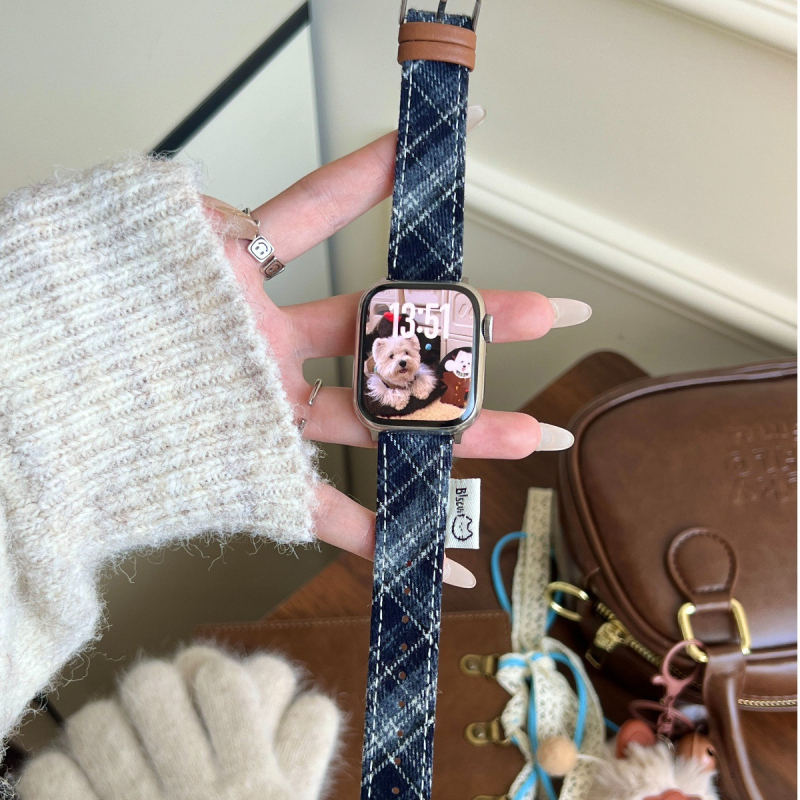 Mačji karirani vuneni kaiš za sat, kompatibilan s Apple Watch i Xiaomi 9 Pro