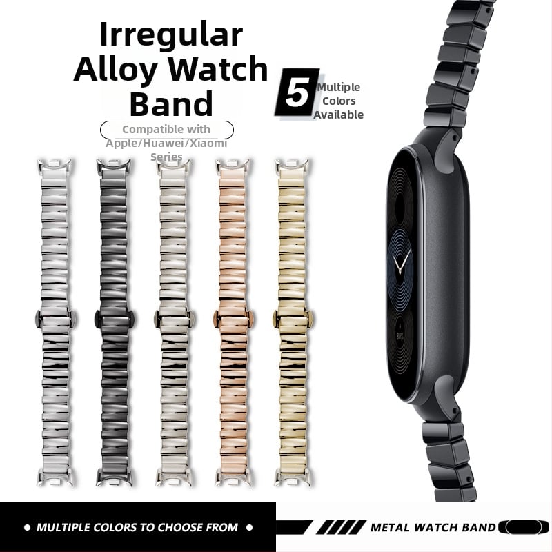 Kovový náramok na hodinky kompatibilný s Apple iWatch S10, Huawei 11 Pro, Xiaomi 89 Pro, Redmi 6 – dĺžka 16 cm, šírka 14 mm, motýľová pracka, nepravidelný dizajn