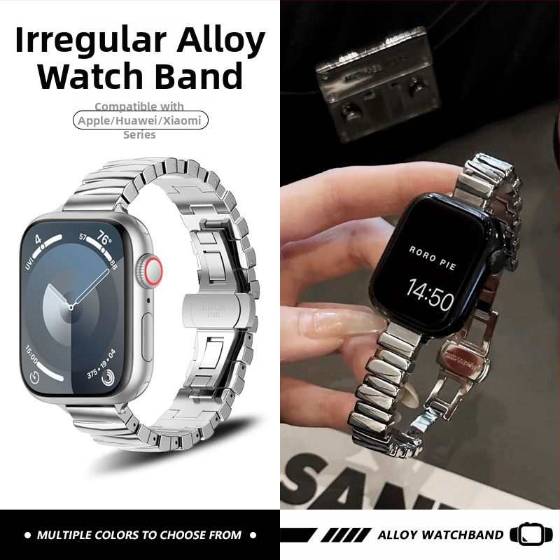 Kovový náramok na hodinky kompatibilný s Apple iWatch S10, Huawei 11 Pro, Xiaomi 89 Pro, Redmi 6 – dĺžka 16 cm, šírka 14 mm, motýľová pracka, nepravidelný dizajn