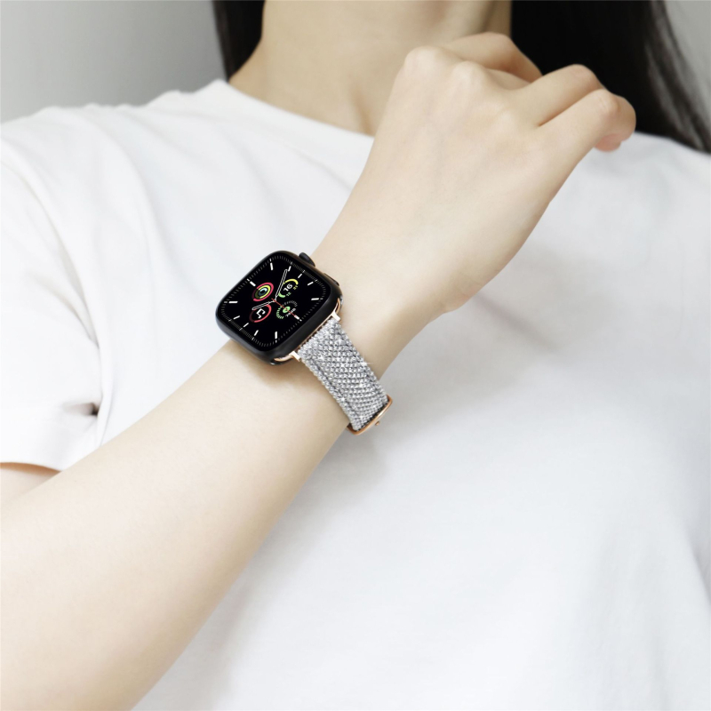 Brățară Apple Watch, curea 18 mm cu interfață dreaptă, din piele și PU, cu cristale, 25 g, compatibilă cu Apple Watch