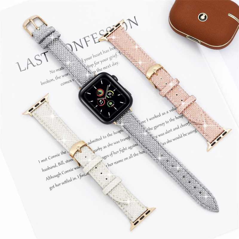 Brățară Apple Watch, curea 18 mm cu interfață dreaptă, din piele și PU, cu cristale, 25 g, compatibilă cu Apple Watch