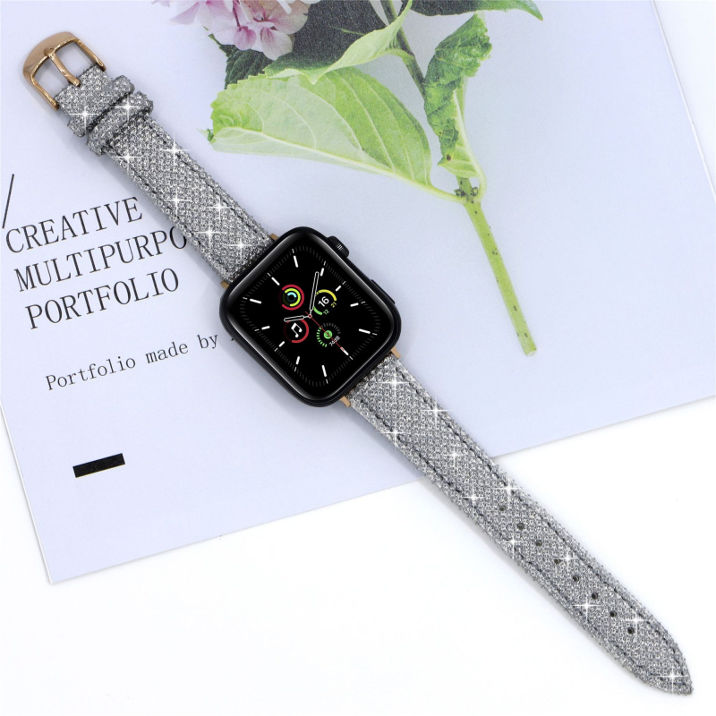 Brățară Apple Watch, curea 18 mm cu interfață dreaptă, din piele și PU, cu cristale, 25 g, compatibilă cu Apple Watch