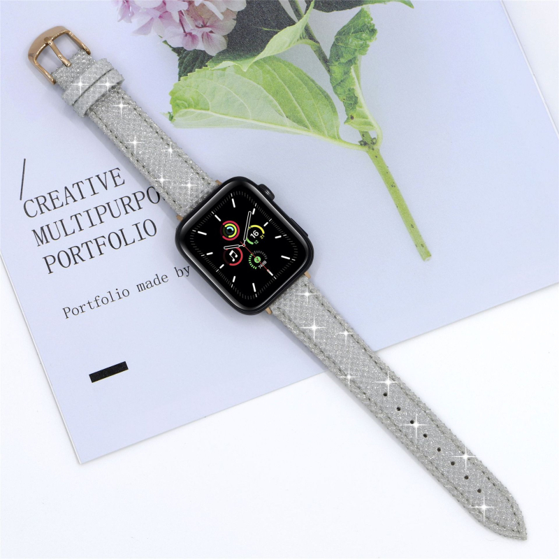 Brățară Apple Watch, curea 18 mm cu interfață dreaptă, din piele și PU, cu cristale, 25 g, compatibilă cu Apple Watch