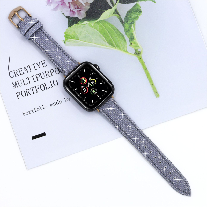 Brățară Apple Watch, curea 18 mm cu interfață dreaptă, din piele și PU, cu cristale, 25 g, compatibilă cu Apple Watch