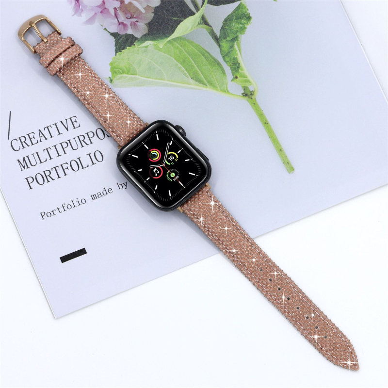 Brățară Apple Watch, curea 18 mm cu interfață dreaptă, din piele și PU, cu cristale, 25 g, compatibilă cu Apple Watch
