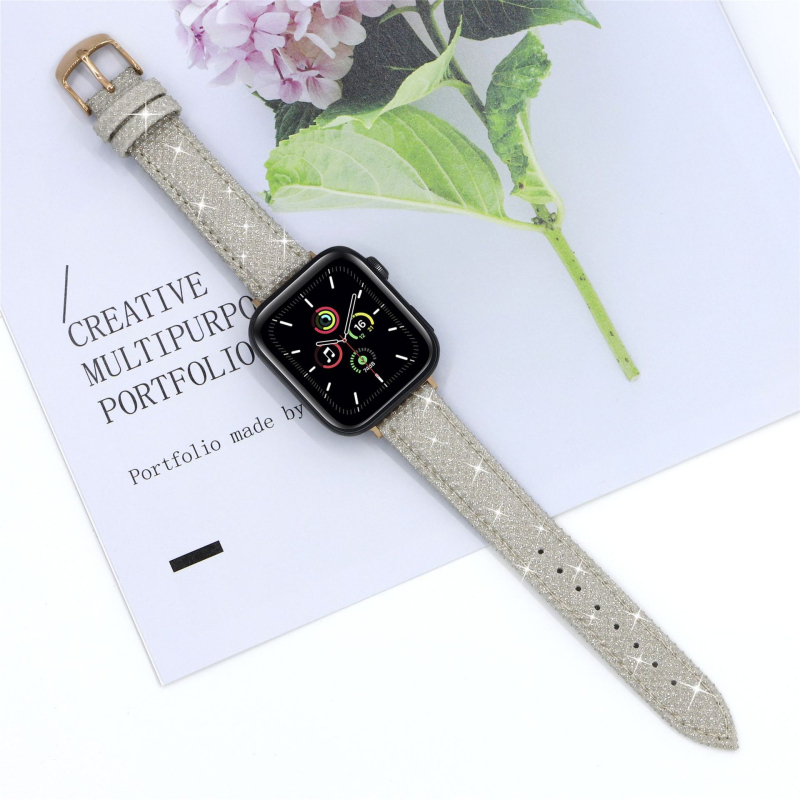 Brățară Apple Watch, curea 18 mm cu interfață dreaptă, din piele și PU, cu cristale, 25 g, compatibilă cu Apple Watch