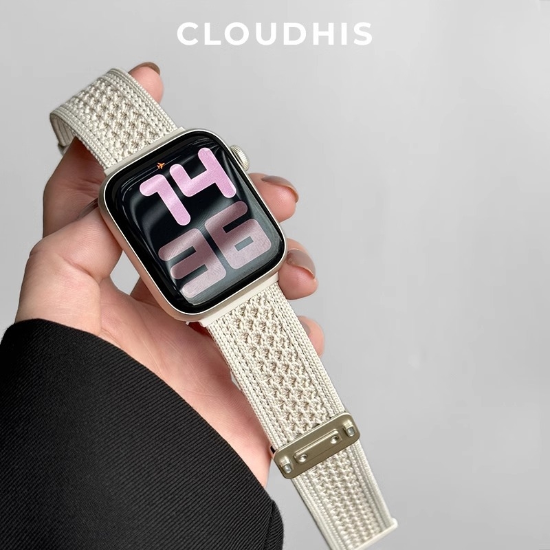 Brățară din nailon tricotat respirantă pentru Apple Watch S9/S10, interfață de 12 mm, închizător cu buton