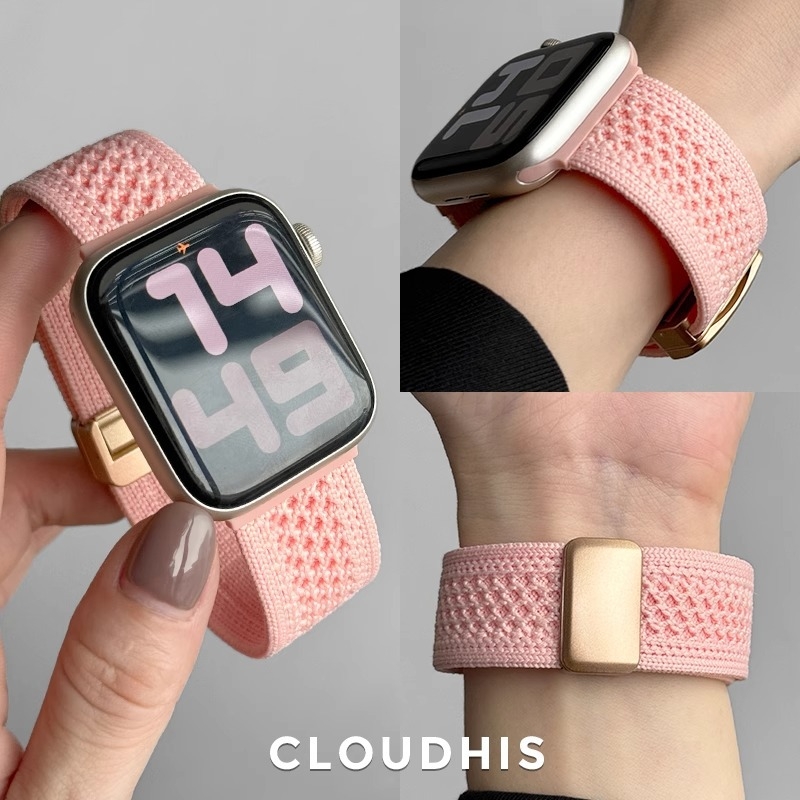Brățară din nailon tricotat respirantă pentru Apple Watch S9/S10, interfață de 12 mm, închizător cu buton