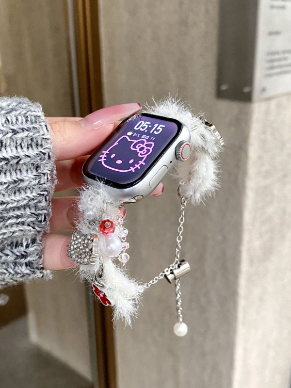 Remen za Apple Watch S11/S9 – plišani lančani remen s dizajnom medvjeda, jesen-zimski stil (OEM, Materijal: Drugo, Stil: Moda)