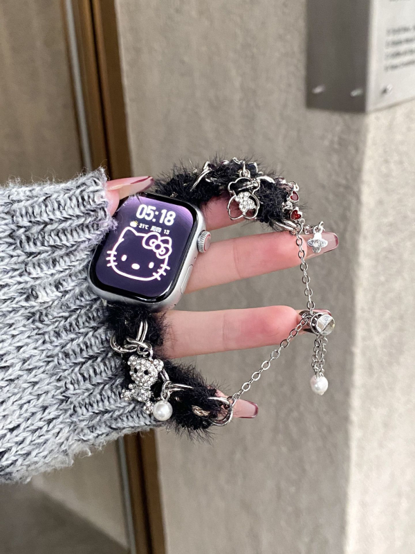Remen za Apple Watch S11/S9 – plišani lančani remen s dizajnom medvjeda, jesen-zimski stil (OEM, Materijal: Drugo, Stil: Moda)