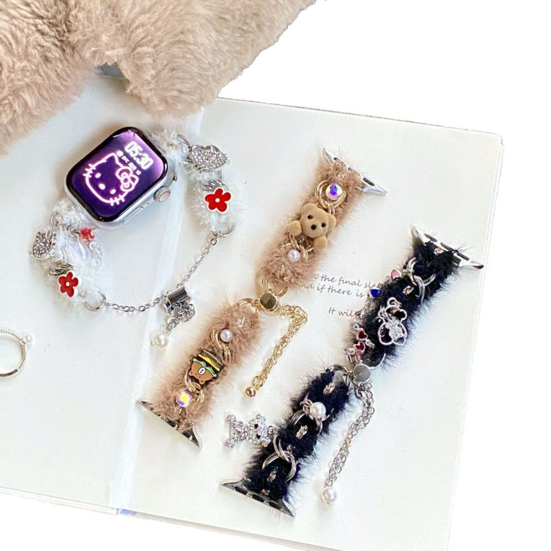 Remen za Apple Watch S11/S9 – plišani lančani remen s dizajnom medvjeda, jesen-zimski stil (OEM, Materijal: Drugo, Stil: Moda)