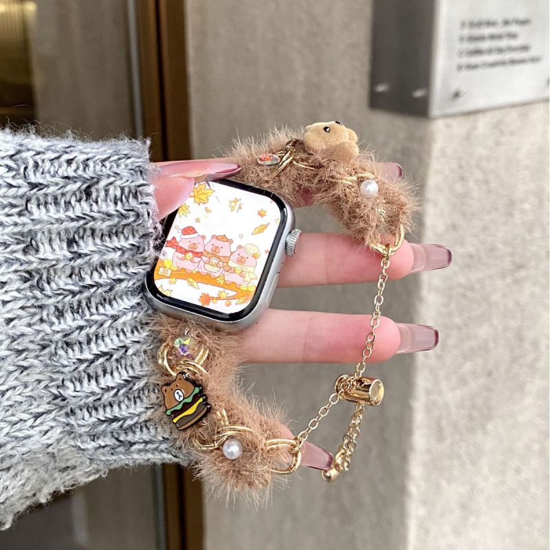 Remen za Apple Watch S11/S9 – plišani lančani remen s dizajnom medvjeda, jesen-zimski stil (OEM, Materijal: Drugo, Stil: Moda)