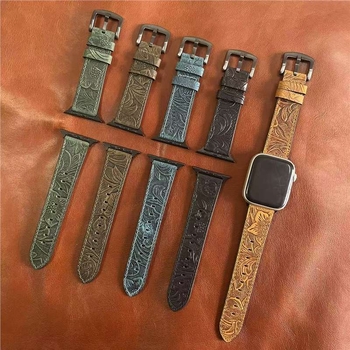 Каишка за Apple Watch - естествена кожа, Dawn mode, ретро Crazy Horse принт, пролет 2025