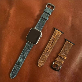 Каишка за Apple Watch - естествена кожа, Dawn mode, ретро Crazy Horse принт, пролет 2025