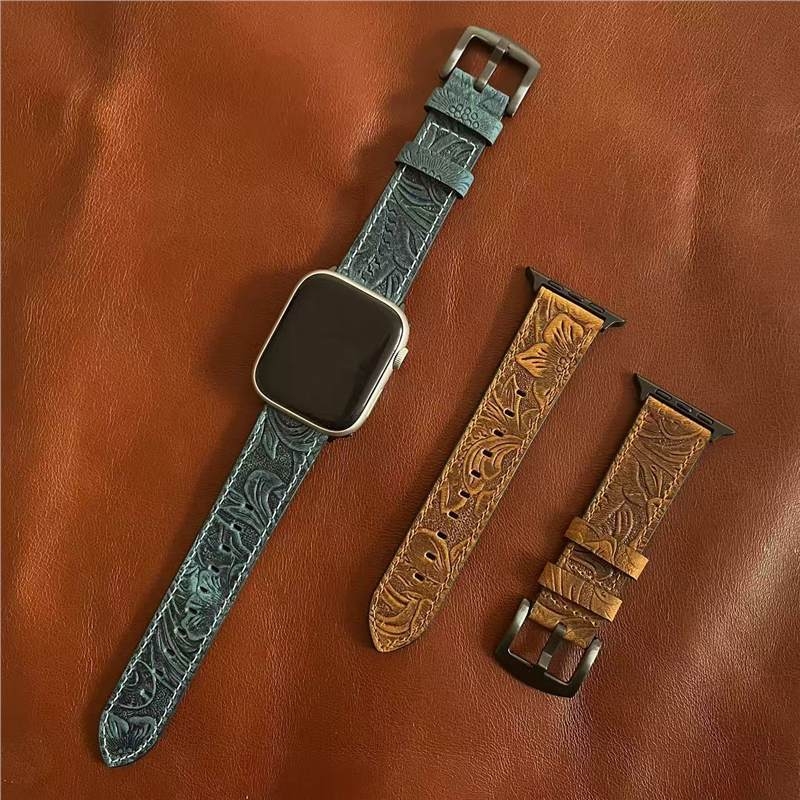 Каишка за Apple Watch - естествена кожа, Dawn mode, ретро Crazy Horse принт, пролет 2025