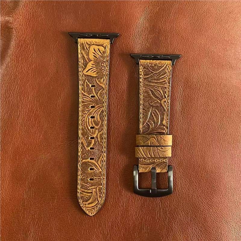 Каишка за Apple Watch - естествена кожа, Dawn mode, ретро Crazy Horse принт, пролет 2025