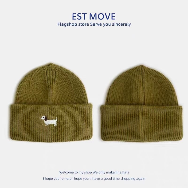 Gyerekeknek készült gyapjú kötött sapka koreai hímzett kutya motívummal, meleg és szélálló, kupola stílusú, poliészter anyag