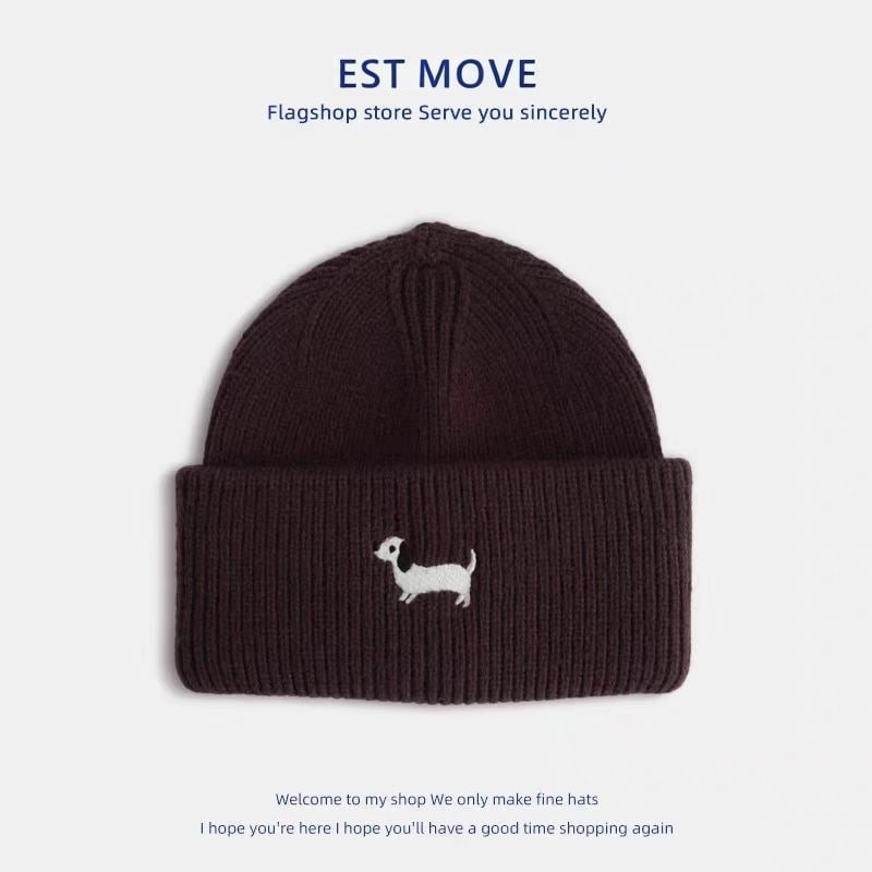 Gyerekeknek készült gyapjú kötött sapka koreai hímzett kutya motívummal, meleg és szélálló, kupola stílusú, poliészter anyag