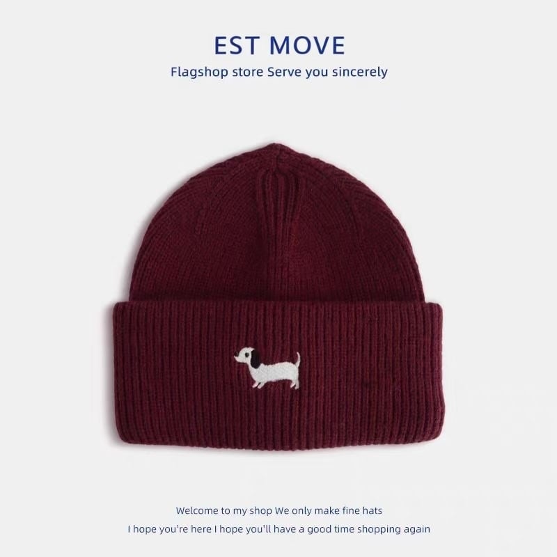 Gyerekeknek készült gyapjú kötött sapka koreai hímzett kutya motívummal, meleg és szélálló, kupola stílusú, poliészter anyag