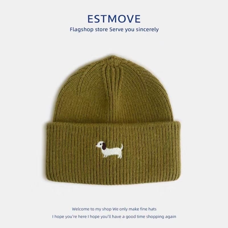 Gyerekeknek készült gyapjú kötött sapka koreai hímzett kutya motívummal, meleg és szélálló, kupola stílusú, poliészter anyag