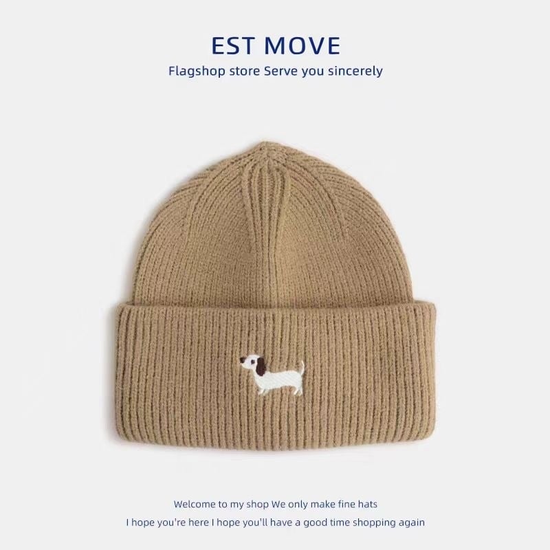 Gyerekeknek készült gyapjú kötött sapka koreai hímzett kutya motívummal, meleg és szélálló, kupola stílusú, poliészter anyag