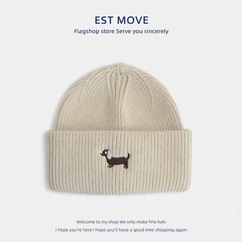 Gyerekeknek készült gyapjú kötött sapka koreai hímzett kutya motívummal, meleg és szélálló, kupola stílusú, poliészter anyag