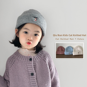 Kötött gyerek sapka macskás hímzéssel — Winter 2025, meleg és szélálló, kupola alakú, macskás hímzés, 2–10 éveseknek