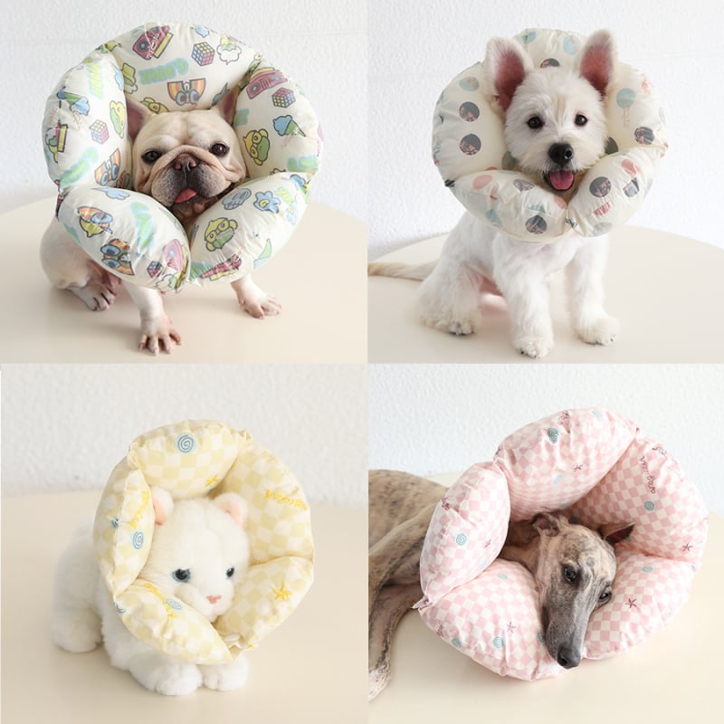 Guler Elizabethan pentru pisici și câini – formă scoică, material textil, model desen animat, guler cu pernă, protecție împotriva zgârieturilor și mușcăturilor, universal