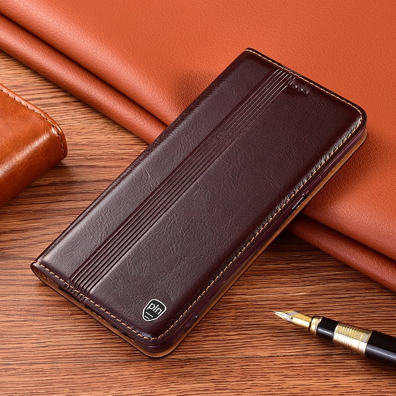 Carcasă flip din piele pentru seria Huawei Enjoy - piele autentică, embossare, suport, atracție magnetică, rezistență la cădere