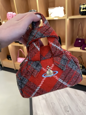 Crvena ženska torba od vunene karirane tkanine, bucket torba sa šnúrkom, džep za telefon