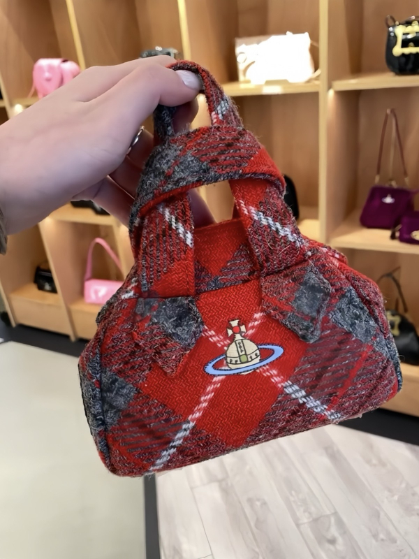 Crvena ženska torba od vunene karirane tkanine, bucket torba sa šnúrkom, džep za telefon