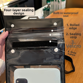 Vandeniui atspari mobiliojo telefono dėklas su jutikliniu ekranu, didelė talpa, PVC medžiaga, karšto presavimo konstrukcija, tinkama plaukiojimui.