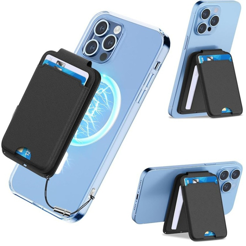 MagSafe-kompatibilis PU bőrből készült kártyatartó mágneses zsebbel, varrott kivitel — uniszex telefon táska