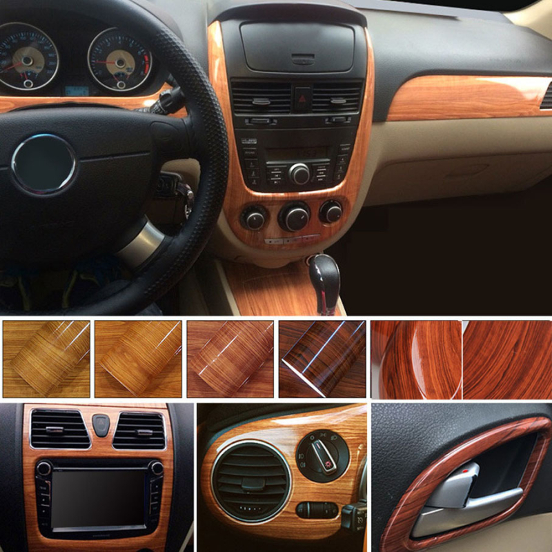 Folia za promjenu boje unutrašnjosti automobila s imitacijom drva za središnju konzolu i instrument ploču, sjajna površina
