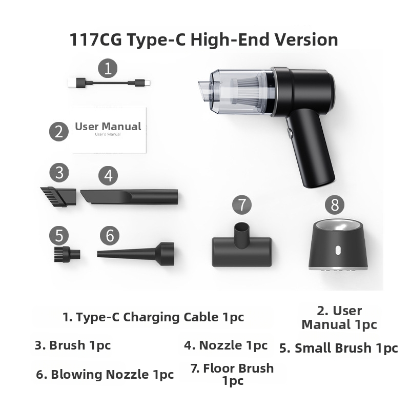Juhtmevaba käepärane vaakumauto jaoks USB- laadimisega — 50W, imemisjõud 4100–5000 Pa, sisseehitatud 3000–4000 mAh aku, kuivas tüüp, nurga kokkuvolditav otsik