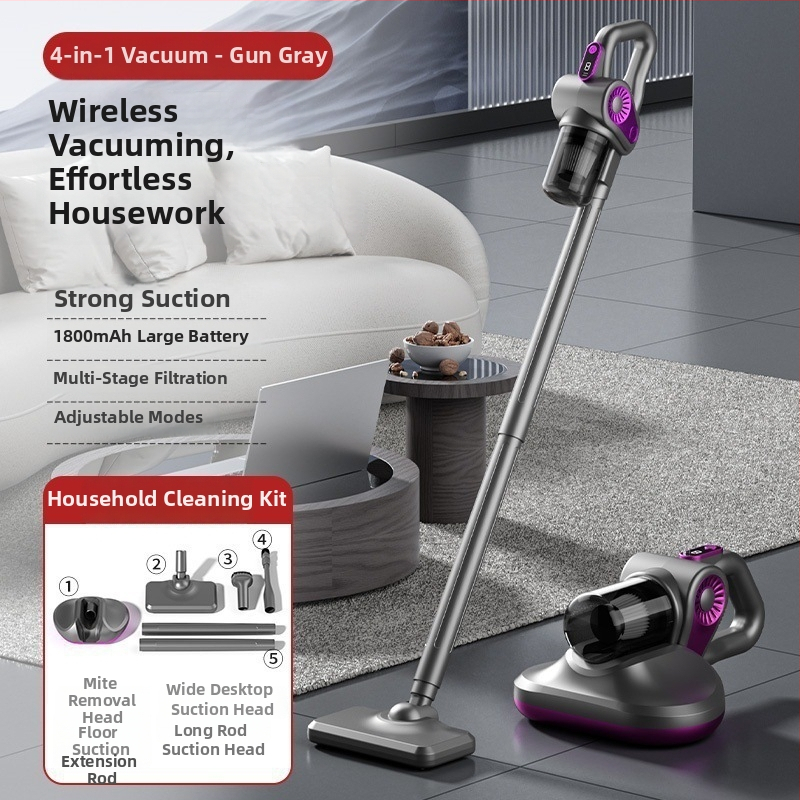 Безжична ръчна прахосмукачка за домашна употреба, мокро и сухо почистване, вградена батерия 1601–2000 mAh, 80 W, максимално всмукване до 10 kPa, плосък накрайник, USB захранване, миещ се контейнер за прах