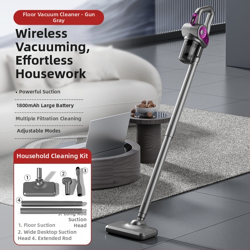 Безжична ръчна прахосмукачка за домашна употреба, мокро и сухо почистване, вградена батерия 1601–2000 mAh, 80 W, максимално всмукване до 10 kPa, плосък накрайник, USB захранване, миещ се контейнер за прах