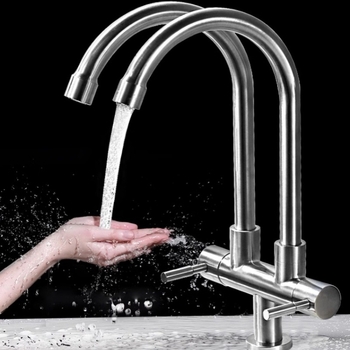 Robinet din oțel inoxidabil pentru bucătărie, 1 intrare și 2 ieșiri, conexiune în 3 căi pentru chiuveta de rufe și chiuvetă, diametrul țevilor 20 mm, nucleu ceramic al valvei, finisaj periat, model 5236