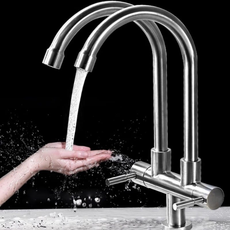 Robinet din oțel inoxidabil pentru bucătărie, 1 intrare și 2 ieșiri, conexiune în 3 căi pentru chiuveta de rufe și chiuvetă, diametrul țevilor 20 mm, nucleu ceramic al valvei, finisaj periat, model 5236