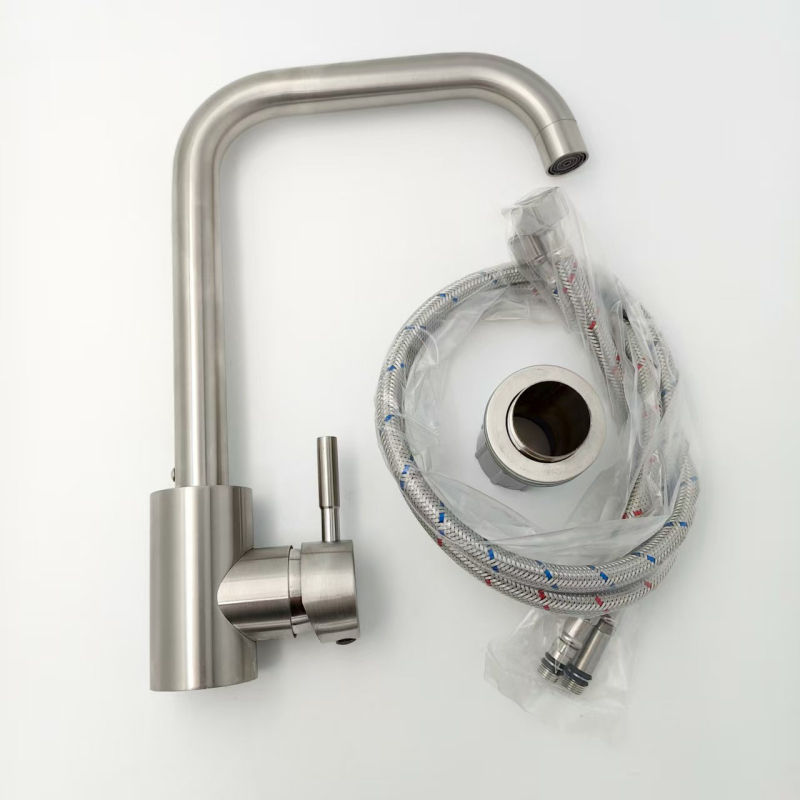 Кухненски смесител за мивка с издърпващ се чучур, 304 неръждаема стомана, седящ монтаж, керамичен дисков клапан, модел Y-1027