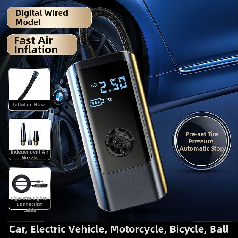 Inteligentná automobilová vzduchová pumpa, mini bezdrôtový elektrický nafukovač s LED svetlom, 12V 80W, 25 L/min, USB napájanie, digitálny displej a vstavaná powerbanka