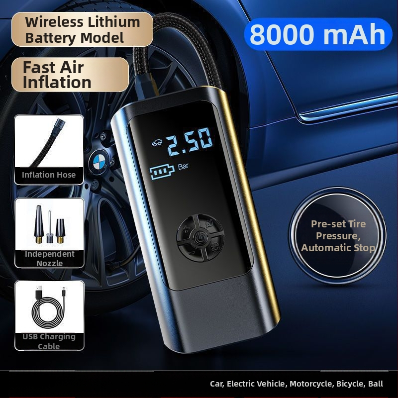 Inteligentná automobilová vzduchová pumpa, mini bezdrôtový elektrický nafukovač s LED svetlom, 12V 80W, 25 L/min, USB napájanie, digitálny displej a vstavaná powerbanka