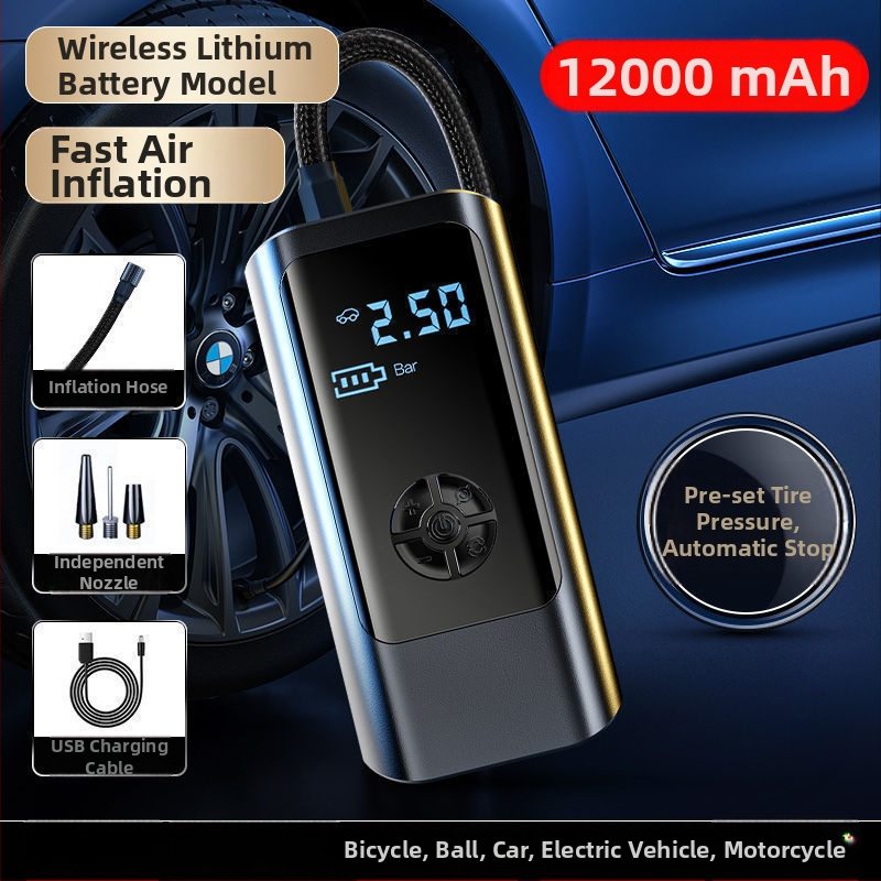 Inteligentná automobilová vzduchová pumpa, mini bezdrôtový elektrický nafukovač s LED svetlom, 12V 80W, 25 L/min, USB napájanie, digitálny displej a vstavaná powerbanka