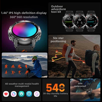 HT37 GPS смарт часовник за открит спорт, компас, висотомер и барометр, водоустойчив до 30 м, батерия 7–14 дни