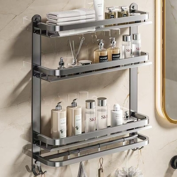 Fürdőszobai falra szerelhető tároló | fúrás nélküli szerelés | 304 rozsdamentes acél | törölközőtartó | nordikus stílus | 1 réteg | spray-plasztik felület