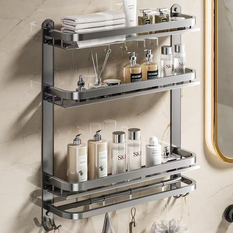 Fürdőszobai falra szerelhető tároló | fúrás nélküli szerelés | 304 rozsdamentes acél | törölközőtartó | nordikus stílus | 1 réteg | spray-plasztik felület