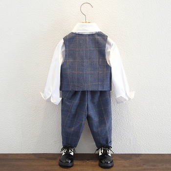 Bērnu komplekts zēniem ar vestu un žaketu, dubultās pogas, režģa raksts, garas piedurknes, poliesteru audums, odere poliester, piemērots rudenim-ziemai-pavasarim