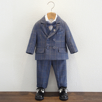 Bērnu komplekts zēniem ar vestu un žaketu, dubultās pogas, režģa raksts, garas piedurknes, poliesteru audums, odere poliester, piemērots rudenim-ziemai-pavasarim