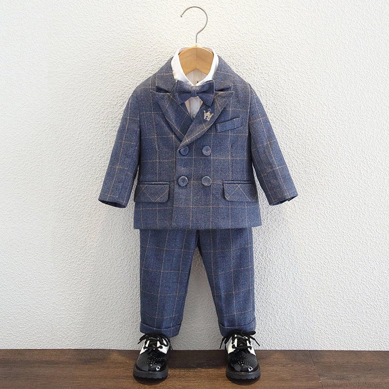 Bērnu komplekts zēniem ar vestu un žaketu, dubultās pogas, režģa raksts, garas piedurknes, poliesteru audums, odere poliester, piemērots rudenim-ziemai-pavasarim