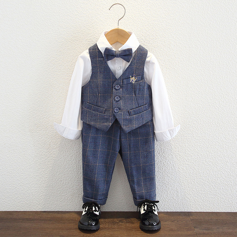 Bērnu komplekts zēniem ar vestu un žaketu, dubultās pogas, režģa raksts, garas piedurknes, poliesteru audums, odere poliester, piemērots rudenim-ziemai-pavasarim